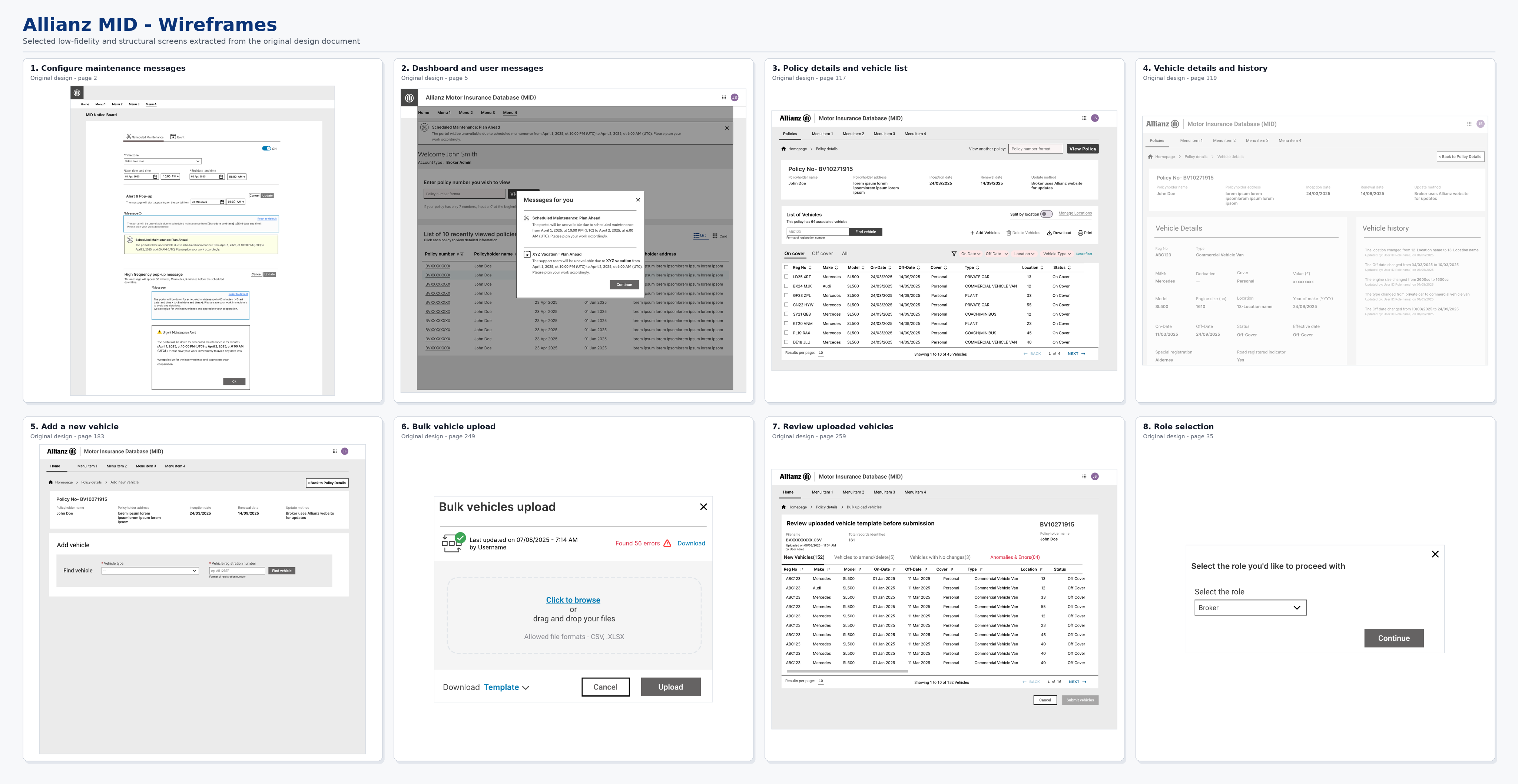 Screen states support review of actions, forms and system feedback.