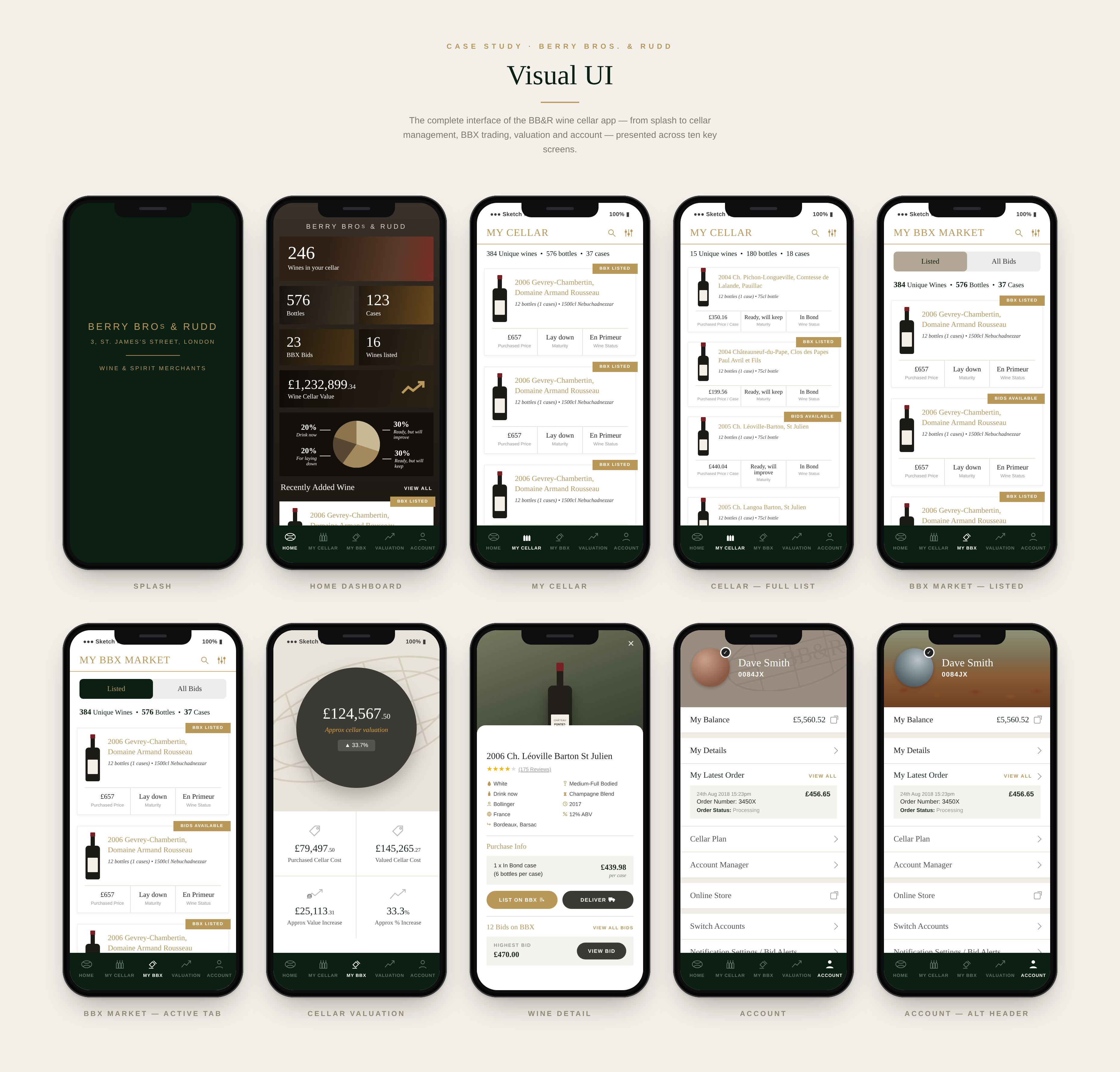 The mobile visual direction connects cellar, marketplace and account screens.